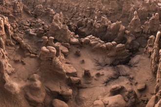 Aerial view of the bizarre and unique rock formations known as hoodoos in Goblin Valley State Park,