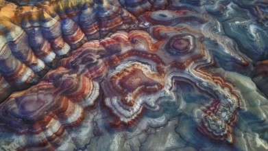 Vibrant aerial image capturing intricate geological patterns. Multicolored layers of rock create an