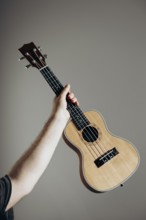 A person holds a wooden ukulele aloft against a neutral background The lighting highlights the