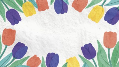 Colorful spring flowers bloom in a circular arrangement, showcasing vibrant tulips and leaves