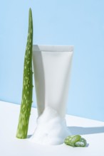 A white tube of cosmetics cream squeezed to show its contents, alongside an aloe vera plant,