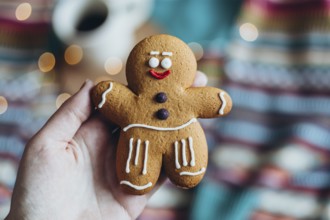 Hand holding a cheerfully decorated gingerbread man cookie, featuring icing details, with a