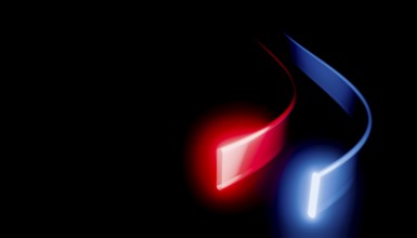 A visually striking 3D render featuring abstract, glowing neon lines in red and blue curving