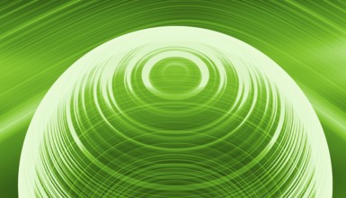 A dynamic and vibrant 3D render of green holographic waves, creating a mesmerizing circular pattern