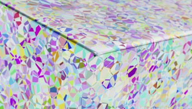 This digital artwork features a mesmerizing array of iridescent geometric patterns rendered in 3D,