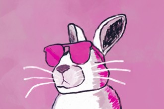 A stylish poster of a rabbit wearing pink sunglasses set against a bold pink background. This