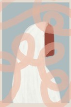 Abstract illustration featuring a mysterious, ghost-like figure enveloped in pastel-toned shapes,