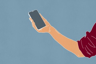 A minimalist illustration showcases a hand holding a smartphone against a simple blue background