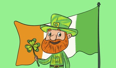 A vibrant illustration depicting a joyful leprechaun holding a shamrock and standing before an
