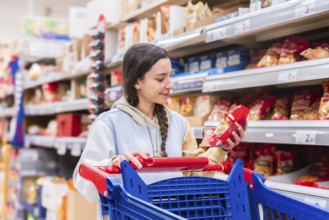A woman with a braid examines a product in a supermarket aisle, pushing a shopping cart