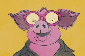 A whimsical illustration of a pink cartoon pig wearing large round glasses, set against a vibrant