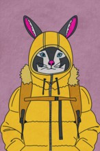 A whimsical illustration of a rabbit wearing a yellow hooded jacket and backpack The playful design