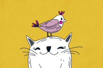 A whimsical illustration featuring a happy cat with closed eyes and a quirky bird perched on its
