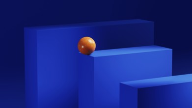 An orange sphere rests on a series of blue geometric shapes, showcasing a striking contrast in an
