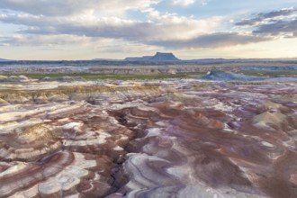 Stunning aerial photograph captures the unique patterns and vibrant colors of bentonite hills in