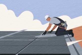 A technician is securely installing solar panels on a rooftop under a clear blue sky. The focus is