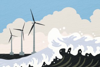 Wind turbines rise above ocean waves, showcasing renewable energy technology in a harmonious