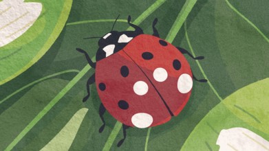 A bright red ladybug adorned with white spots rests on lush green leaves. The vibrant illustration