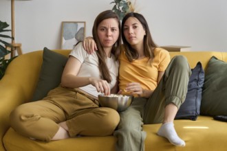 A loving lesbian couple is sitting on a comfortable sofa, enjoying a movie night with popcorn Their