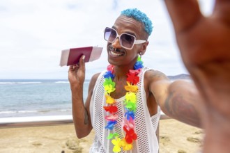 LGBTQIA+ man with colorful accessories joyfully preparing for a summer holiday. Beach scene evokes