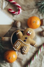 A festive gingerbread man cookie surrounded by holiday decorations, including candy canes and