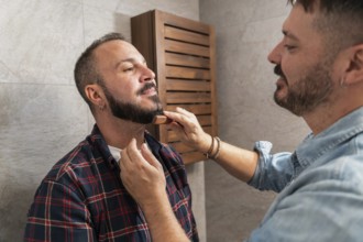 A gay couple shares a tender grooming moment in their bathroom. One helps the other style his beard