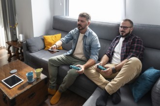 A gay couple sits on a cozy sofa in their living room, focused on playing video games. Sunlight