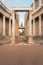 A stunning view of the Roman Theatre in Merida, highlighting its grand marble columns, ancient