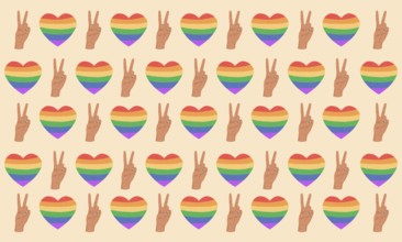 A seamless pattern featuring rainbow hearts and peace signs on a soft beige background, symbolizing