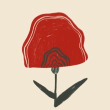A minimalist illustration depicting an abstract red flower with layered petal details and a simple