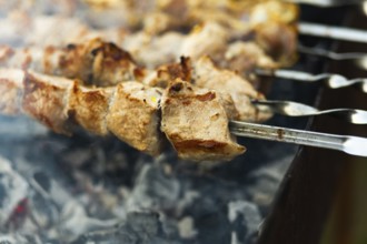 Close-up of juicy, chunky kebabs sizzling on skewers over a smoky grill at a bustling street fair,