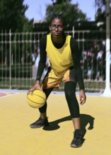 A focused woman basketball player dribbles a ball on a vibrant outdoor court. Dressed in a yellow
