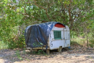 An old caravan with black cover stands in a rustic landscape under trees, Pantanal, Mato Grosso,