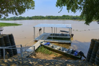 A jetty stretches across the river with a small boat nearby, surrounded by trees, Porto Jofre,