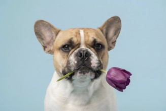 Pied French Bulldog pied with white and red coat wearing a purple tulip flower in mouth in front of