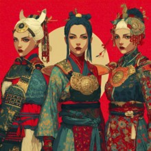 Three women samurai in a modern stylized Japanese attire and armor, AI generated