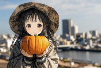 Cute anime girl dressed in black with a pumpkin in the hands for Halloween, AI generated