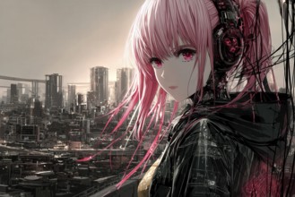 Cyberpunk anime girl with pink hair, glowing eyes and headphones in front of a city skyline, AI