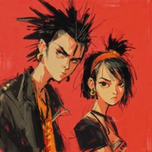 Young Japanese punks in front of red background, AI generated