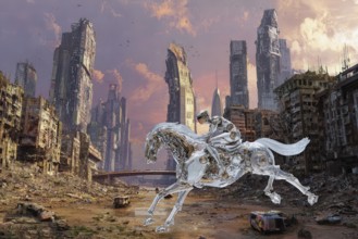 Female humanoid galloping a cyborg horse in front of a ruined futuristic cityscape, AI generated