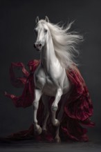 White rearing stallion draped in an elegant red and golden fabric, AI generated