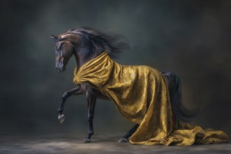 Black Arabian stallion draped in an elegant golden fabric, AI generated