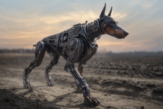 Cyborg Doberman Dog patrolling in a pathway, AI generated