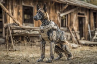 Cyborg Sheperd dog patrolling in an abandoned forest settlement ground, AI generated