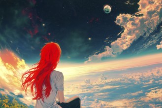 Anime girl with red hair captivated by the vision of a universe full of planets and stars, AI