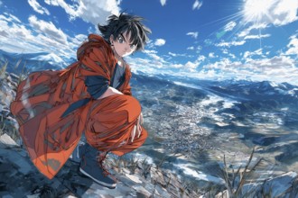 Anime boy dressed as a superhero in front of mountain landscape, AI generated