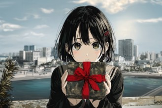 Cute Japanese anime girl with black hair and a gift in the hand in front of a city skyline, AI