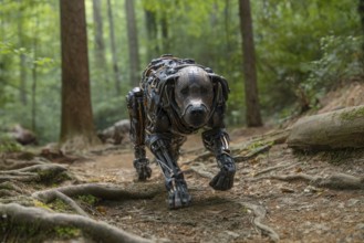 Cyborg dog patrolling in the forest, AI generated