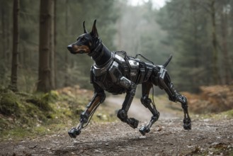 Cyborg Doberman dog running in the forest, AI generated