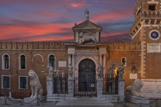 Renaissance entrance portal from Arsenal with evening sky, Venice, Veneto, Italy